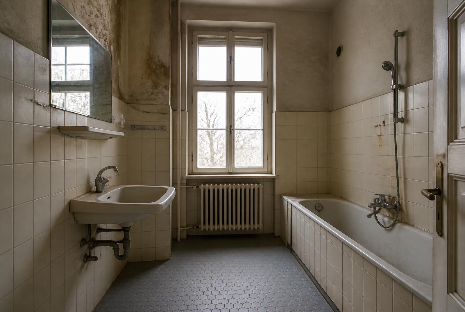 Sanierungsbedürftiges Badezimmer mit alten Fliesen und veralteten Installationen