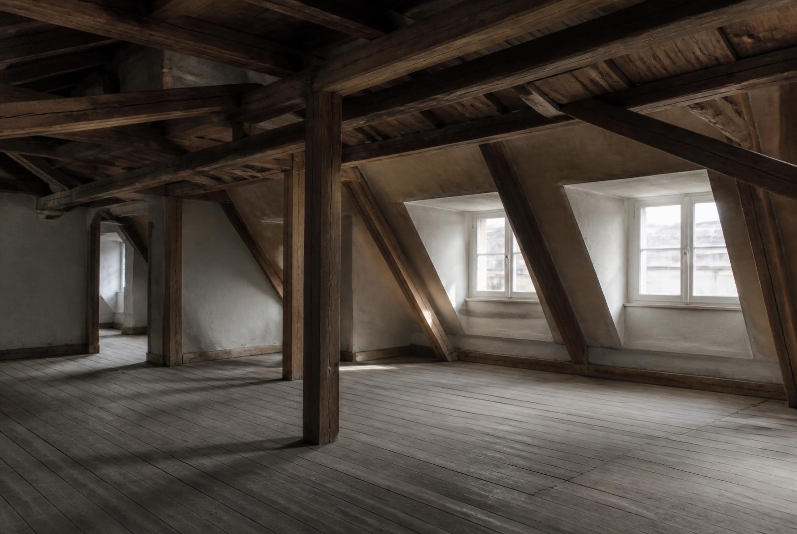 Unausgebautes Dachgeschoss eines Münchner Altbaus mit historischem Dachstuhl