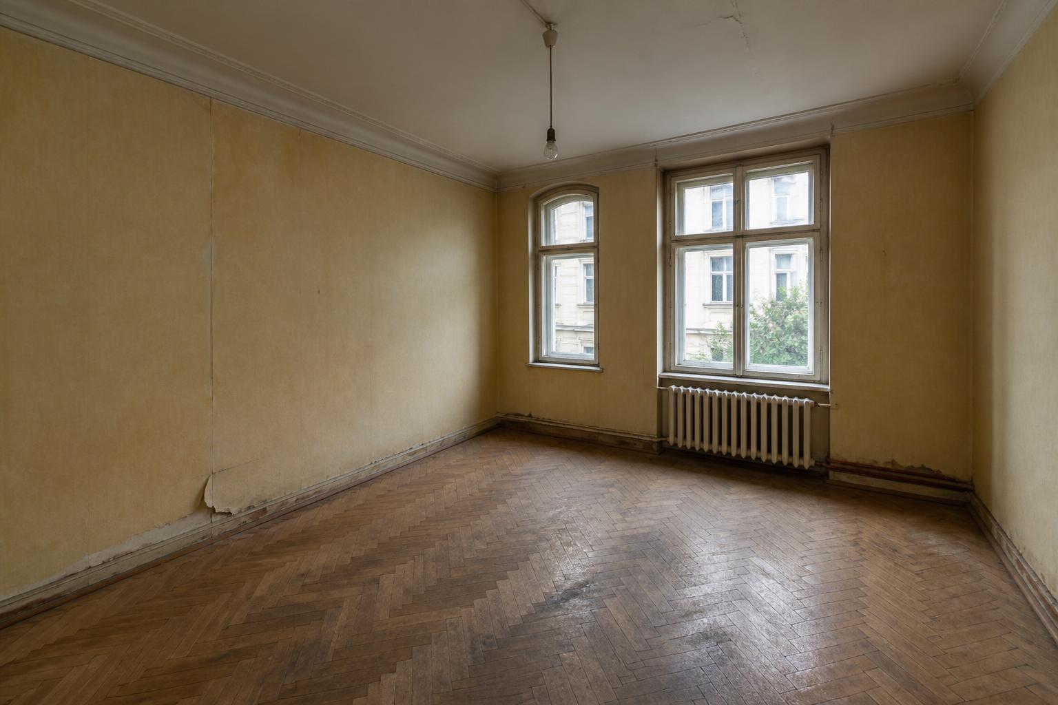 Leeres, sanierungsbedürftiges Schlafzimmer im Altbau
